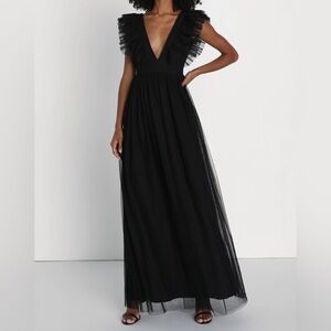 Simply Delighted Black Mesh Ruffled Backless Maxi Dress